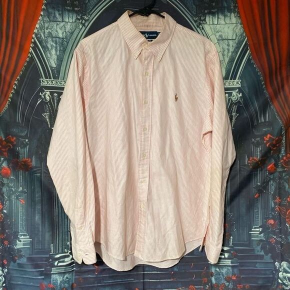 Ralph Lauren Button-Down Shirt Men's L Pink Striped Oxford Classic Preppy Pony - Picture 1 of 8